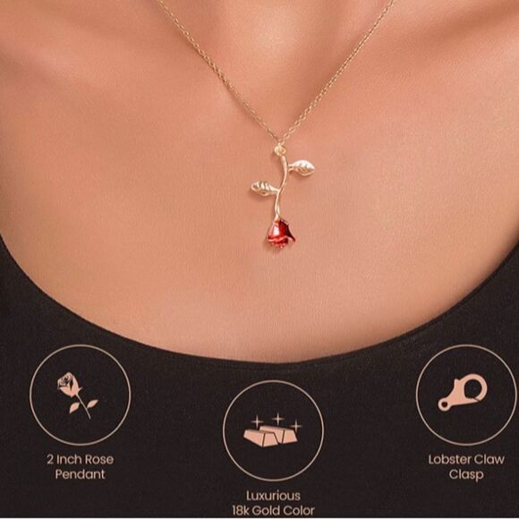 18k Gold Plated Necklace Women rose pendant flower jewelry |girl women wife gift - Picture 4 of 4